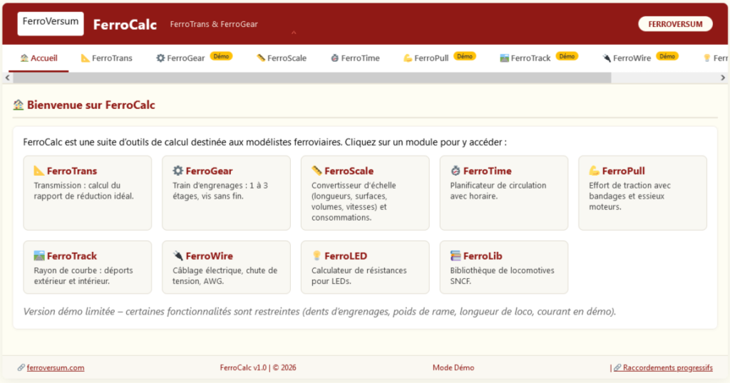 Ecran d'accueil de l'outil de calcul pour le modélisme ferroviaire
